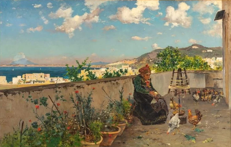 Filando la lana sul terrazzo